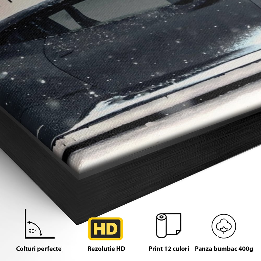 Detaliu al suprafetei: tablou canvas cu masina ferrari pe zapada, in rama de aluminiu negru
